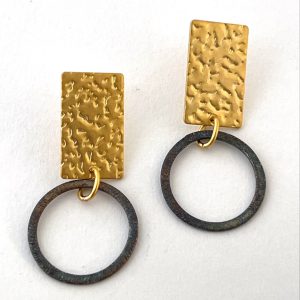 Gold Rectangle Oxidised Circle Earrings